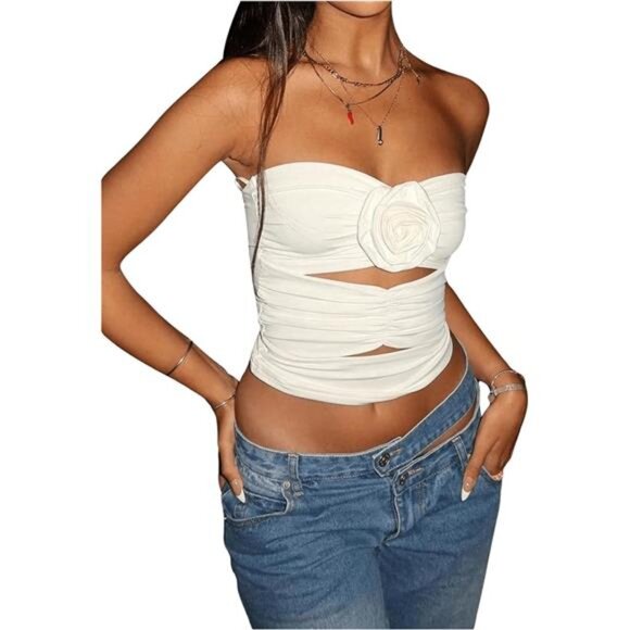 🌺 Strapless 3D Flower Crop Top | Ruched Tube Top - Picture 1 of 5